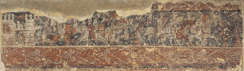 Peintures profanes de Sigena - Soldats défendant un château et cavalcade de chevaliers